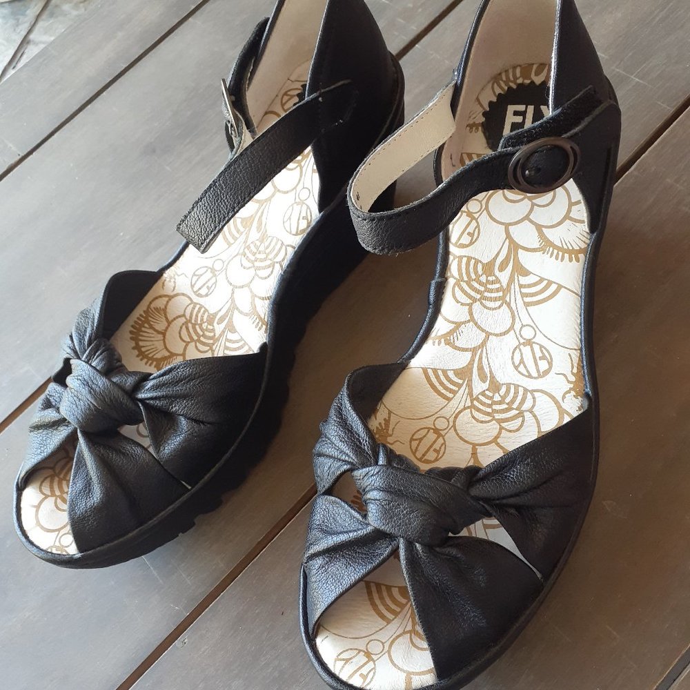 Fly London High Heels Wedges open toe black NWOT size 9